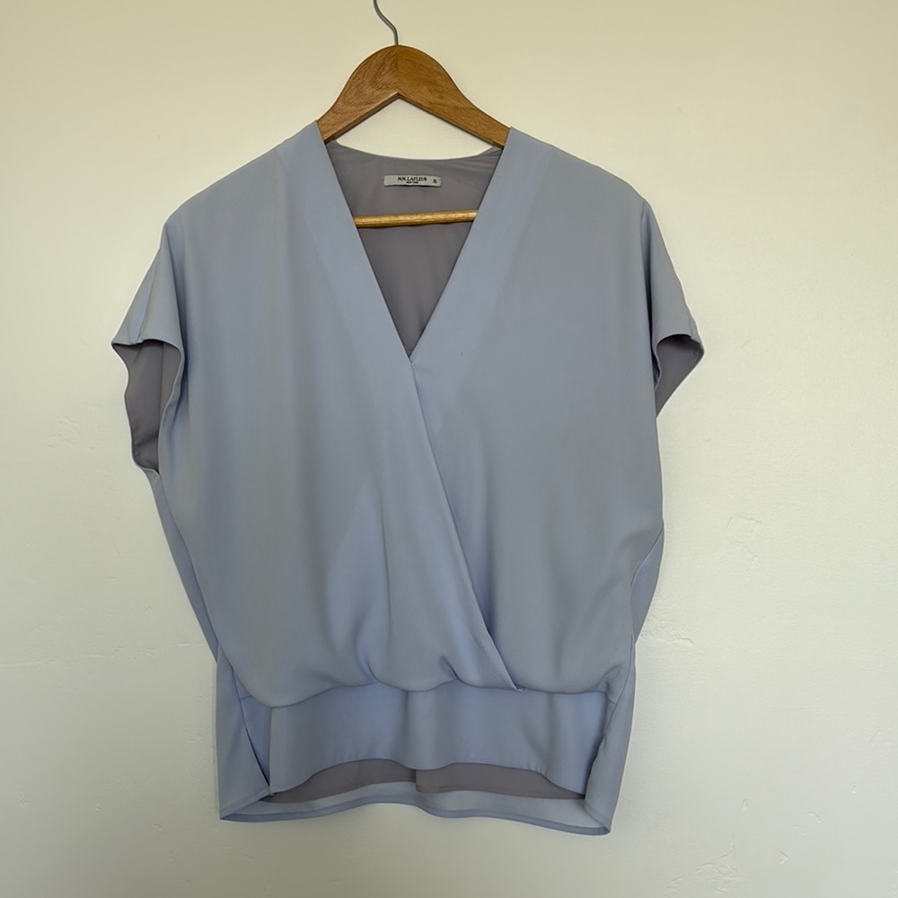 MM Lafleur Blue Wrap Blouse with Cap Sleeves